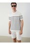 Ecru Crew Neck Short Sleeve Striped Men's Knitwear Sweater
