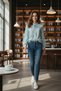 Blue Floral Crepe Shirt with Ruffle Detail on the Collar (42-44-46-48) - 2