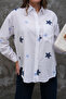 White Single Pocket Star Embroidered 75% Cotton 25% Linen Shirt - 3