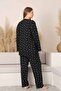 Black Floral Lace Detailed V-Neck Buttoned Transitional Cotton Lycra Long Sleeve Pajama Set Wide Fit - 4