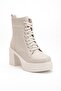 Beige Women's Platform Heeled Boots Lace-Up Zippered - 4