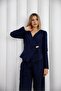 Women's Navy Blue Gold Buttoned Asymmetrical Cut Velvet Jacket