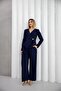 Women's Navy Blue Gold Buttoned Asymmetrical Cut Velvet Jacket - 7