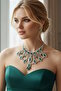 Silver Color Green Stone Design Evening Dress Necklace