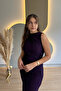 Draped Slit Glitter Purple Midi Dress - 6
