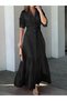 Women's Long Sleeve Skirt Frilly Waist Belted Tricotone Full Length Shirt Dress - 3