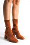 Tan Color Women's Boots Stretch Thick Heeled Internal Zipper Agnes