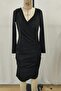 Double-Breasted Collar Gathered Midi Velvet Dress - Black - 3