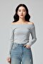 Gray Melange Off-Shoulder Y2K Long Sleeve T-Shirt