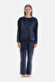 Long Sleeve Navy Blue Velvet Pajama Set - 4