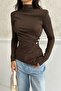 Women Blouse Corded Fabric Long Sleeve Turtleneck Stone Detailed Draped Asymmetric Blouse - 6