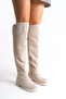 Women's Boots Beige Color Suede Riding Over-The-Knee Stoned Non-Slip Sole Zippered Kety - 4