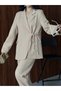 Blazer Jacket Wide-Leg Trousers Set with a Wide Fabric Belt Tied at the Waist - 4