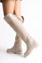 Women's Boots Beige Color Suede Riding Over-The-Knee Stoned Non-Slip Sole Zippered Kety - 3