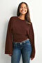 Women's Brown High Neckline Dramatic Flared Sleeve Bodycon Diver Fabric Crop Blouse - 3