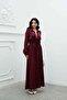 Burgundy V-Neck Tie Waist Satin Dress - 2