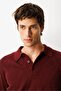 Men's Polo Neck Straw Knit Diamond Pattern Wool Sweater Burgundy - 2