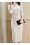 Women's Long Sleeve Double-Breasted Collared Side Gathered Front Cross Detailed Midi Velvet Dress - 4