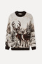 Women's Ecru Loose Fit Jacquard Crew Neck Sweater - 6