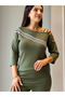 New Season Women's One-Shoulder Ribbed Viscose Two-Piece Set with Cross Stripe Detail - 3
