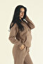 Women's Brown Winter Cotton Puff Fabric Kangaroo Pocket Hooded Jogger Tracksuit Set - 4