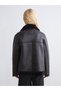 Xside Black Plush Biker Collar Women's Leather-Look Coat - 5
