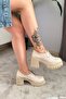 Women's Diana Beige Patent Leather Carık Model 8 cm Heeled Platform Shoes