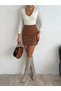Women's Elastic Waist Suede Fabric Tan Color Slit Pencil Mini Skirt Length 45 cm - 3