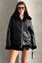 معطف جلدي نسائي أسود من Shearling Ov قصة فضفاضة uni - معطف جلدي من Shearling للدراجات النارية - 3