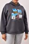 Anthracite Printed Hooded Oversize/Wide Fit Fleece Lined Plus Size Sweatshirt Tbbaw26Ao00036 - 3