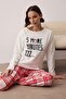 Kırmızı-Beyaz Pamuklu Slogan ve Ekose Baskılı Örme Pijama Takımı THMAW25PT00223