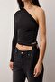 Siyah Fitted/Vücuda Oturan Bağlama Detaylı Tek Kol Crop Esnek Örme Bluz TWOAW23BZ00094 - 3