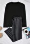 Black - Anthracite Regular Striped Top Single Jersey Bottom Waffle Fabric Pajama Set Tmnaw26Pt00006 - 8