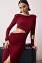 Bordo Kruvaze Yaka Cut Out/Pencere Detaylı Örme Şık Abiye Gece Mezuniyet Elbisesi TPRAW23EL00272 - 4