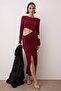 Bordo Kruvaze Yaka Cut Out/Pencere Detaylı Örme Şık Abiye Gece Mezuniyet Elbisesi TPRAW23EL00272 - 2