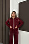 Women's Burgundy Striped Wide Leg Zippered Modal Fabric Tracksuit Set - 3