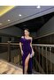 One Shoulder Slit Flowers Fabric Dress Plum 583203 - 3