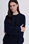 Women's Oversized Wide Cut Knitted Detailed Crew Neck Navy Blue Sweater - 2