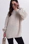Women's Oversized Wide Cut Knitted Detailed Crew Neck Beige Sweater - 2
