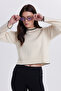 Women's Oversize Wide Cut Crew Neck Striped White Sweater - 4