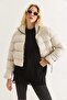 Women's Stand Collar Short Puffer Coat Beige - 3