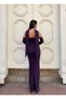 Scuba Stretch Fabric Stone Embroidered Scarf Detail Fish Cut Evening Dress 583340 Purple - 4