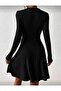 V-Neck Long Sleeve Fit & Flare Knitted Mini Dress – Black - 4