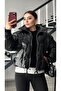 Black waist gathered shiny puffer jacket - 6