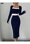 New Season Women's Midi Length Long Sleeve Geometric Collar Imported Crepe Dress