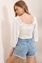 White Brit Detailed Perforated Crop Blouse Alc-X6532 - 5