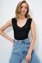 Black Front and Back V-Neck Openwork Summer Knitwear Blouse Alc-X13753