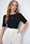Black Boat Neck Backless Short Sleeve Seersucker Fabric Summer Blouse Alc-X13579 - 3
