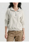 Beige Pullover Hoodie with Quarter Zip Detail