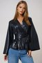 Black Double-Breasted Waist-Tied Faux Leather Blouse Alc-X14680